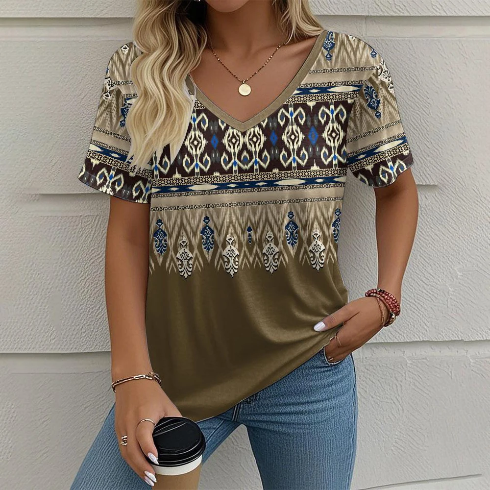 Summer Women's T-Shirt Bohemia Ethnic Style Short Sleeve Tees Fashion V-neck Loose Tops Daily Casual Comfortable Female Clothing