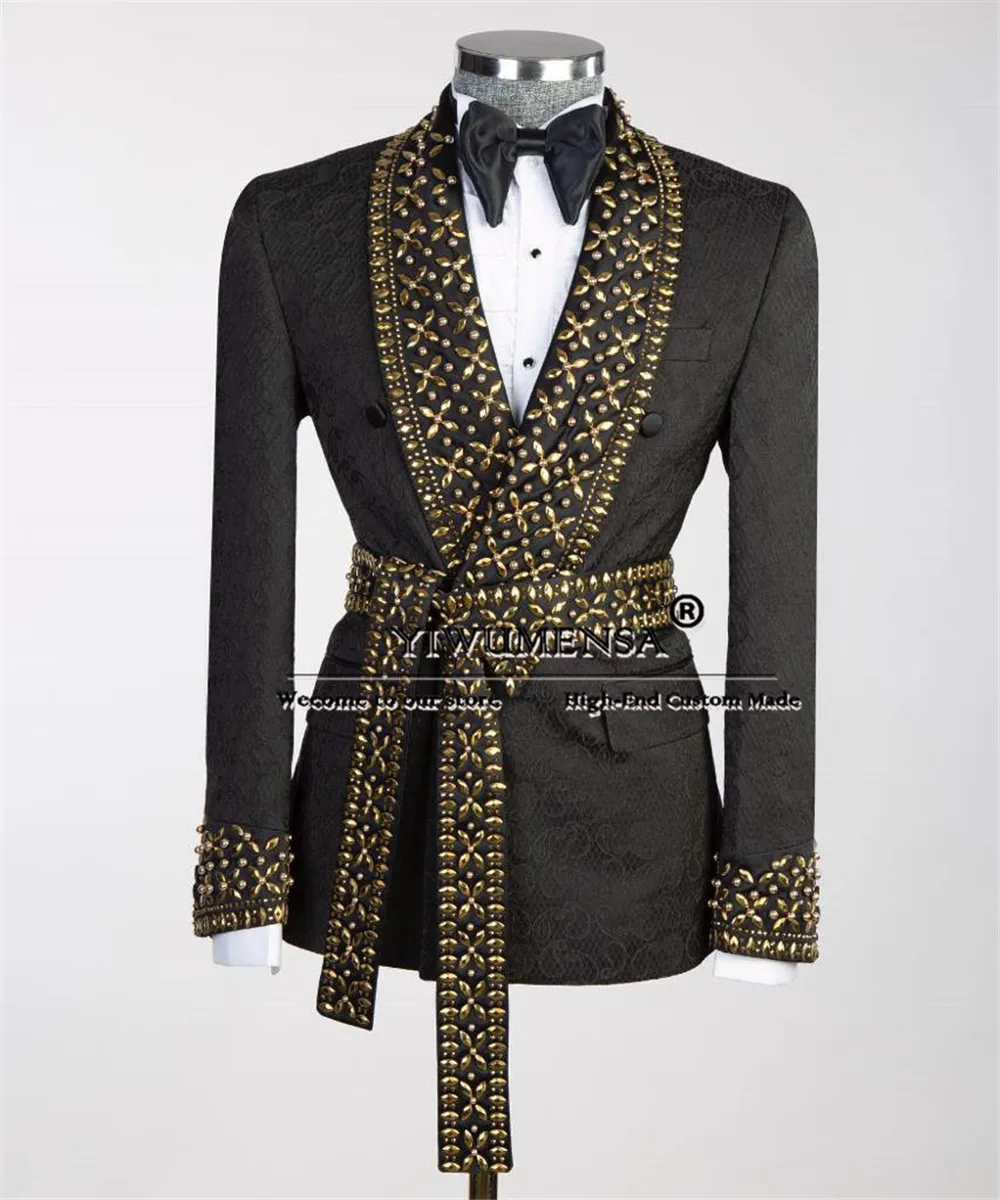 Man Elegant Floral Suits Golden Beaded Diamond Lapel Prom Blazer With Waistband Formal Party Groom Wear Tuxedo Male Clothing