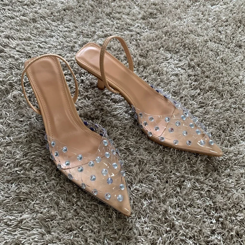 

Women PVC Transparent Diamond High Heels Sexy Pointed Toe Slingback Heeled Shoes Pumps Female Party Heels Sandals Shoes