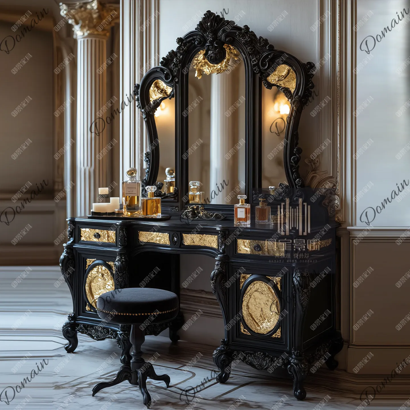 Gothic solid wood dresser vanity mirror vanity stool combination French baroque gold foil old vanity cabinet customization