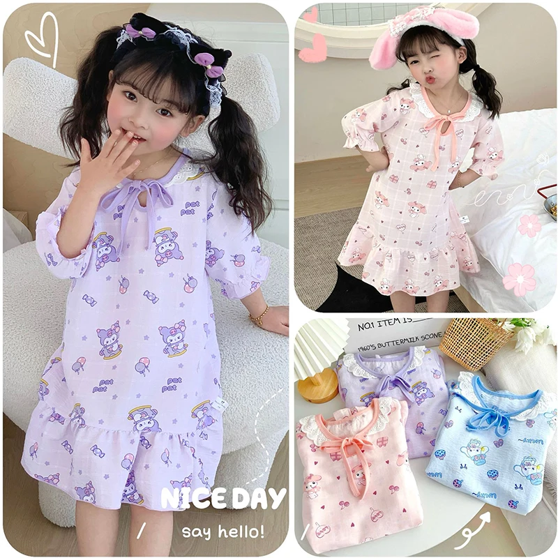 

2024 My Melody Girls Nightdress Sanrioed Kawaii Anime Kuromi Cinnamoroll Dresses Summer Sweet Cute Cartoon Babys Clothe Kid Gift