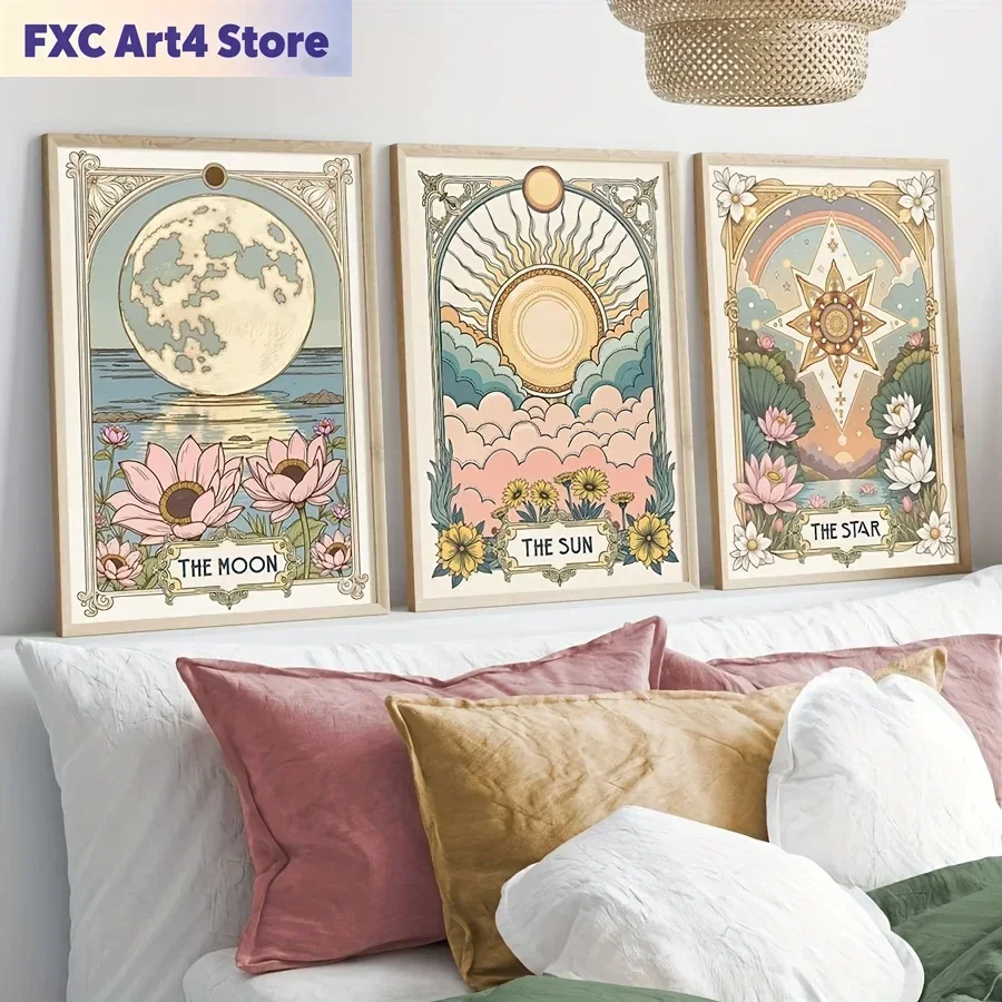 Rahmenlose 3-teilige Vintage Sonne-Stern-Mond-Tarotkarten-Kunstdrucke, Boho-Poster, himmlische Wanddekoration für Wohnzimmer, Schlafzimmer, Horosco