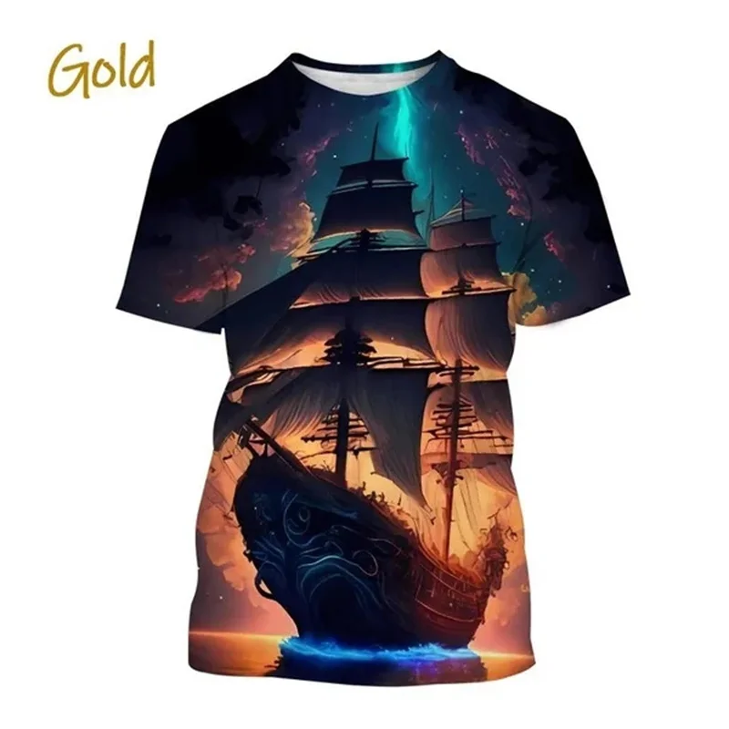 Sailing Ship Pattern T-Shirt For Men Women Ocean Planet 3D Print Tees Summer Loose Short Sleeves T Shirts O-Neck Tops Streetwear