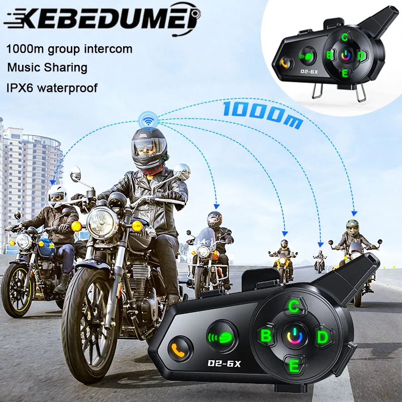 

D2-6X Motorcycle Helmet Headset Bluetooth 5.3 Voice Contro Motorcycle Wireless Hands-on Talking Headset Waterproof for 6 Riders