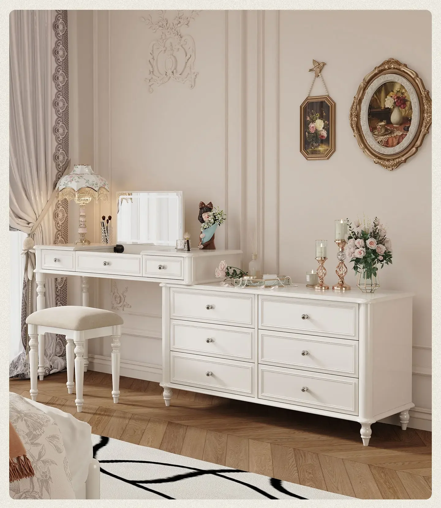 

Solid wood dresser, chest of drawers, integrated bedroom, French cream style flip top, desk, desk, corner corner of the bed,