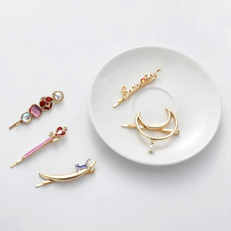 Sailor Moon Hair Clips Set Anime Metal Barrettes Pearl Moon Cat Crystal Hairpin Cosplay Hair Accessories For Girls Fans
