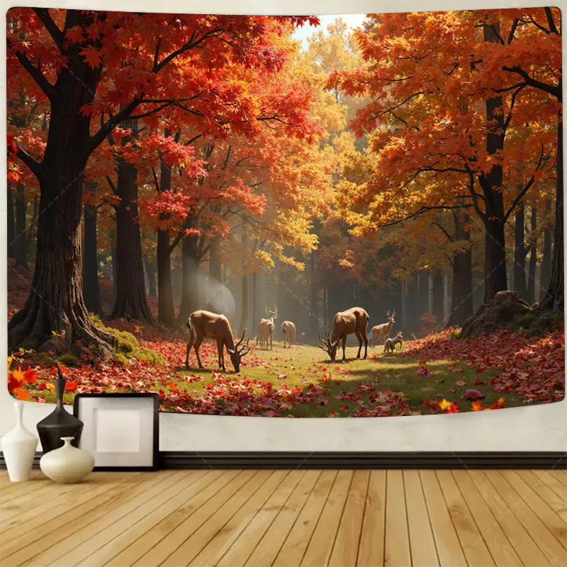 

1pc Wall Tapestry Autumn Forest Deer Scene Tapestry - Vibrant Fall Colors & Nature Decor