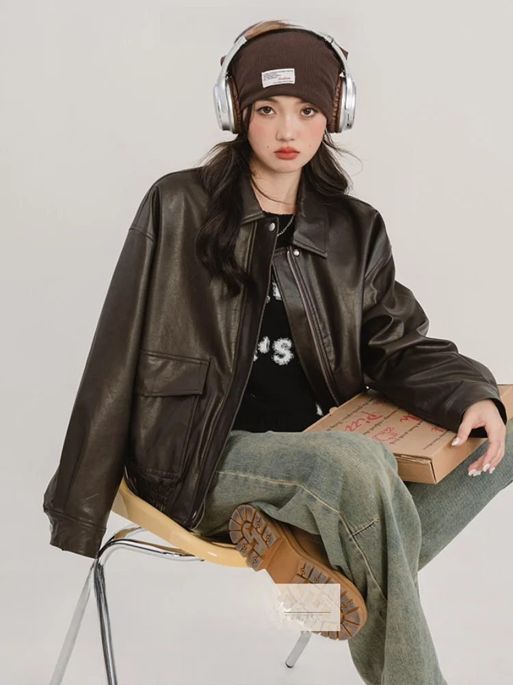 Loveheynew Bla Retro motorfiets leren jas dames losse afslankende PU-leren jas herfst winter nieuwe Sle bovenkleding