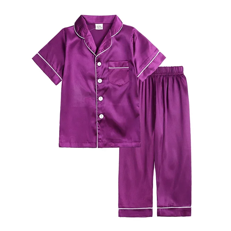 2pcs Infant Baby Boy Girl Pajamas Silk Satin Top Pant Long sleeve Solid Button-Down Pyjamas Satin Set Nightgown Child Sleepwear