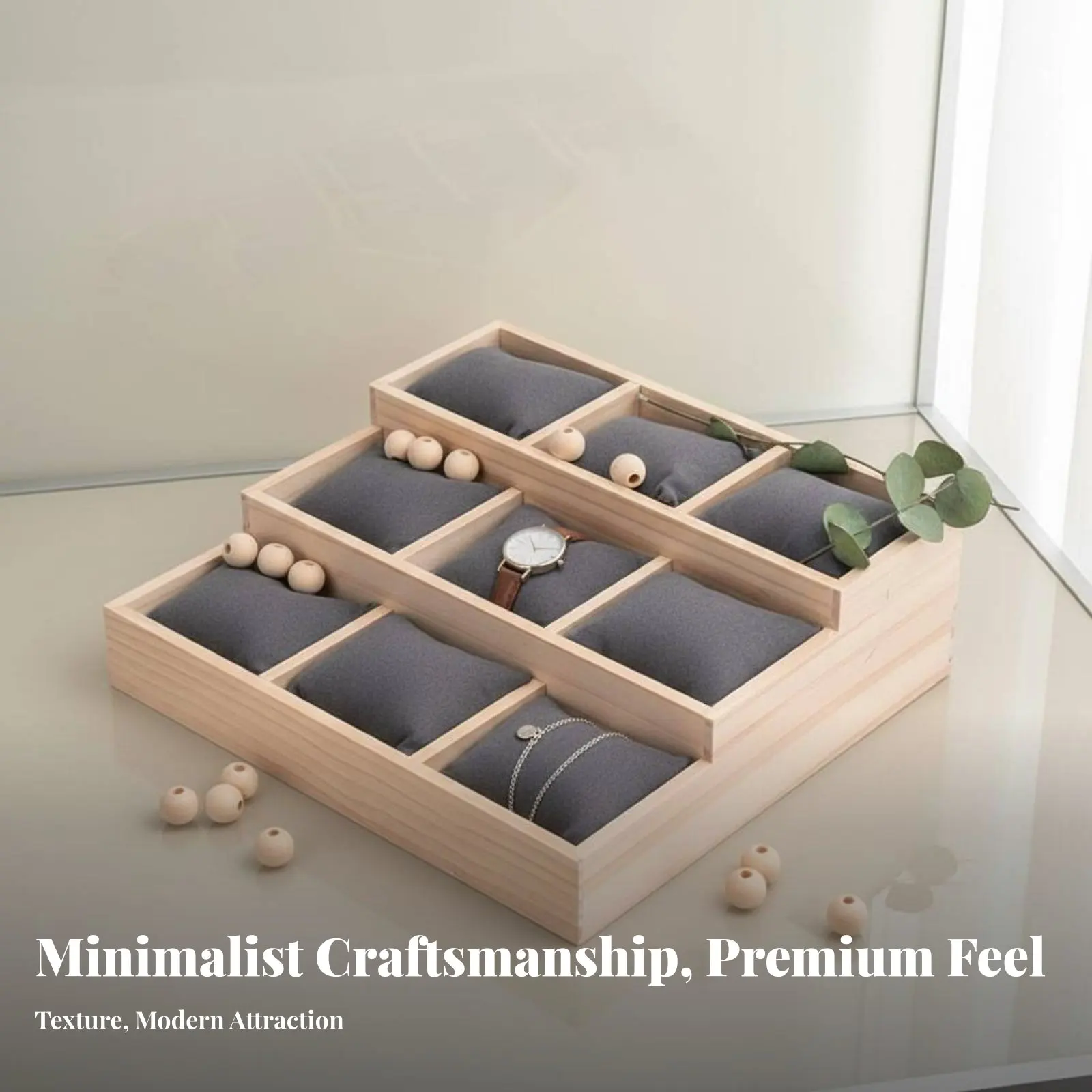 Jewelry Display Tray with Pillows Sturdy Wood Frame Watch Storage Organizer Multi-Compartment Bracelet Holder Abrasion