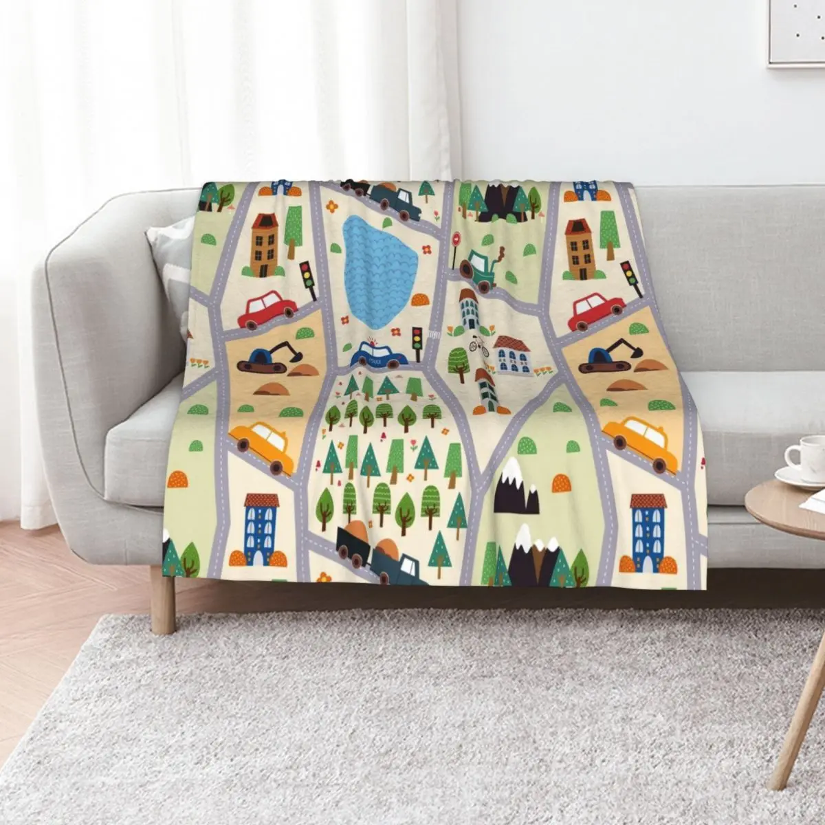 

kids seamless, all over road print with cars, trees, trains, lakes Throw Blanket anime Summer Beddings Tourist Blankets