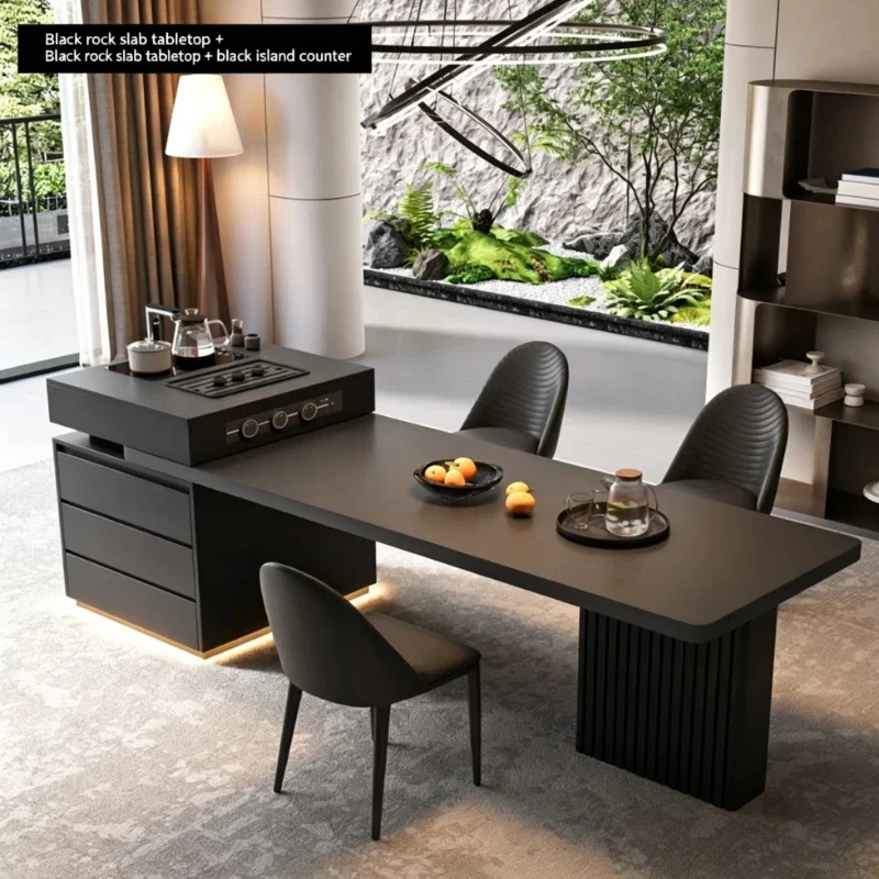 Solid Wood & Sintered Stone Kitchen Island Table, Multifunctional Tea Desk with Drawer Storage for Home Tea Room Furniture