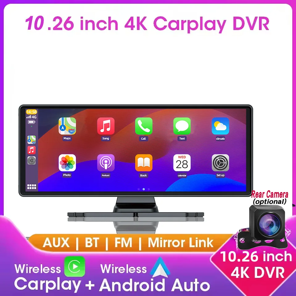

10,26-дюймовый 4K видеорегистратор с ADAS, беспроводным CarPlay и Android Auto, 5G WiFi, AUX, навигацией, камерой заднего вида и записью видео на приборную панель