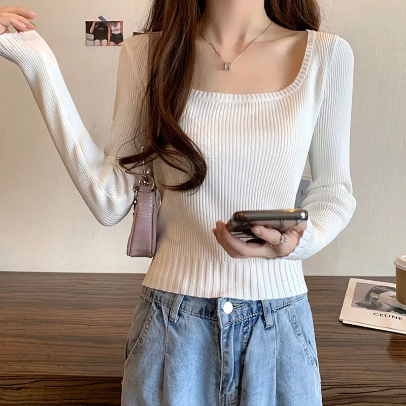 Autumn Winter Square Collar Solid Color Sweater Ladies Casual Fashion All-match Bottoming Jumpers Top Women Knitting Pullovers