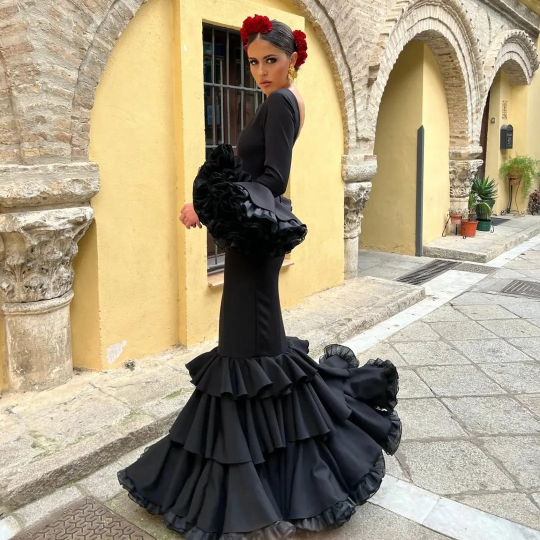 Customized Elegant Long Black V-Neck Crepe Evening Dresses Mermaid Ruffled Sweep Train Prom Dress for Women