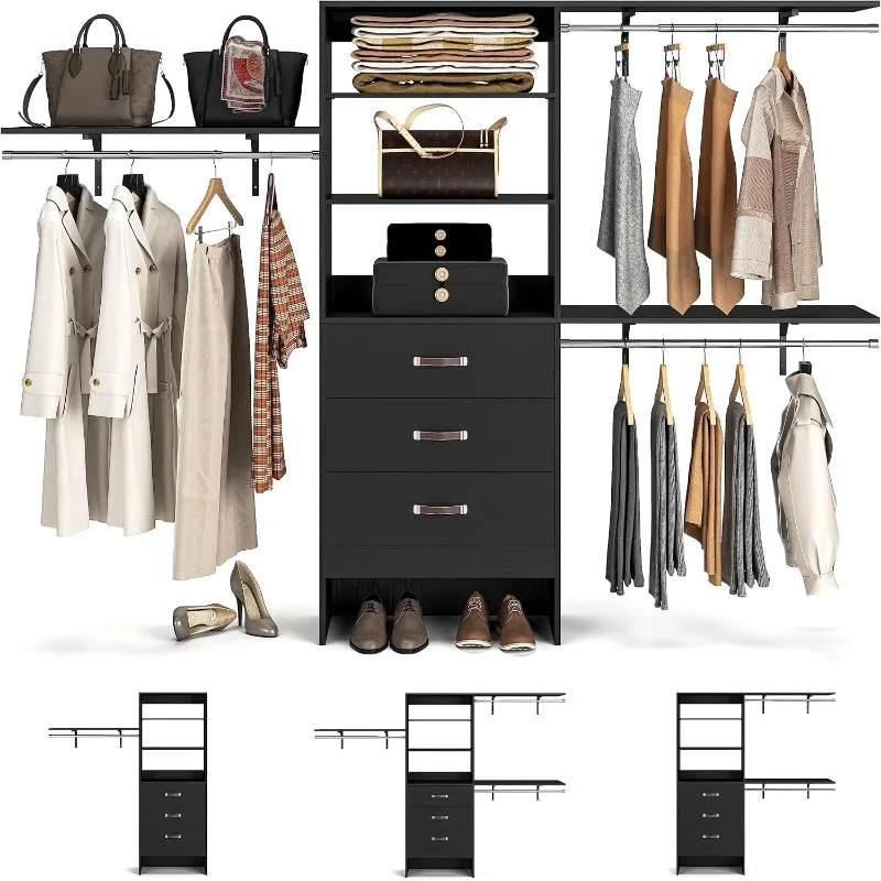 96 Inches Closet System, 8FT Walk In Closet Organizer with 3 Shelving Towers, Heavy Duty Clothes Rack with 3 Drawers