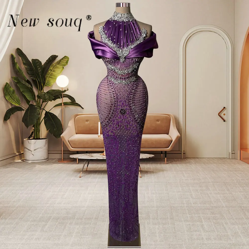 

Dubai Purple Luxurious Heavy Handwork Beading Long Evening Dresses Glittery Crystals High Neckline Sleeveless Events Party Gowns