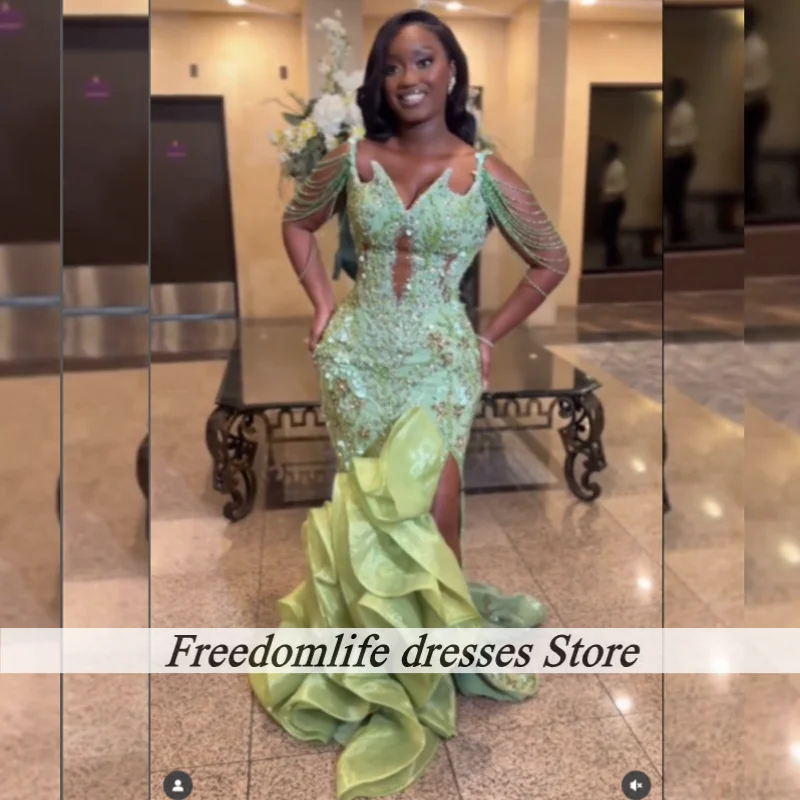 

Exquisite Ruffles Luxury Beaded Tassel Evening Dresses Prom Dress Nigerian Mermaid Evening Dresses Wedding Party Gown Customized