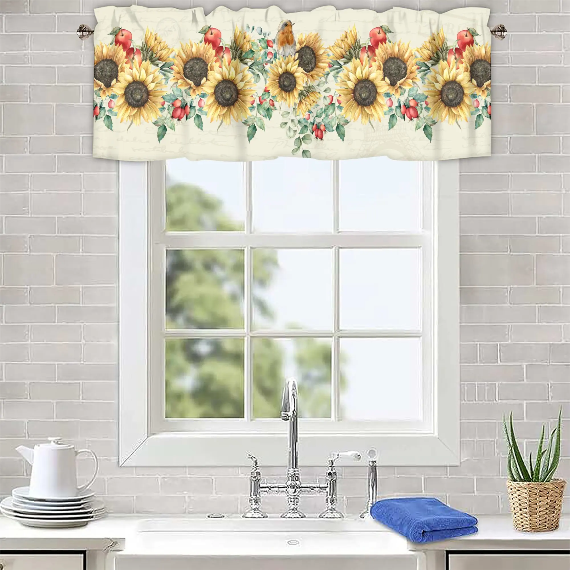 

Vintage Sunflower Curtain Valance for Windows Rod Pocket Drape Valence Window Treatments Fruit Birdie Short Curtains