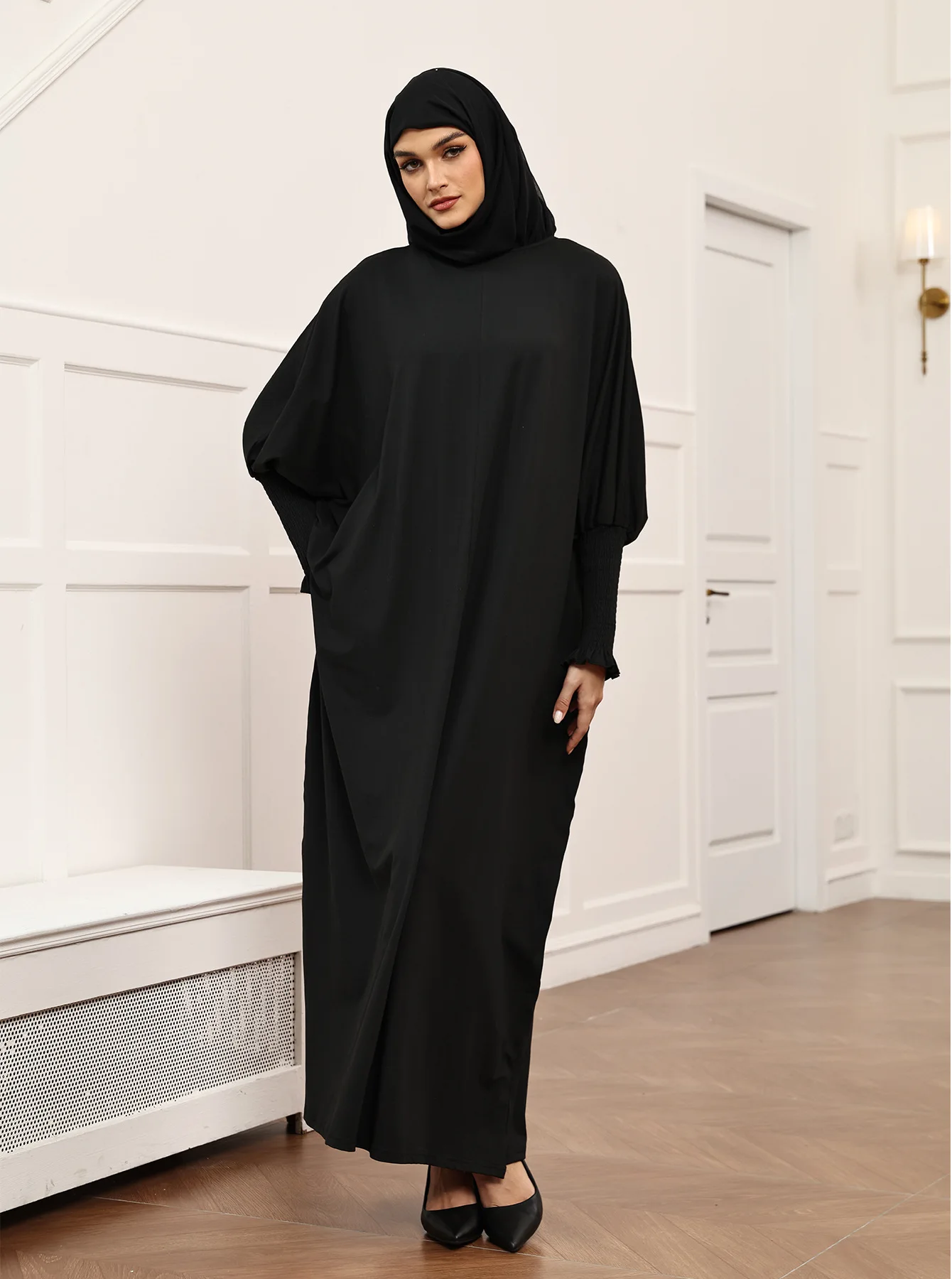 

Dubai Abaya Women Batwing Sleeve Dress Turkey Kaftan Eid Djellaba Ramadan Islam Jalabiya Prayer Garment Modest Black Robe Gown