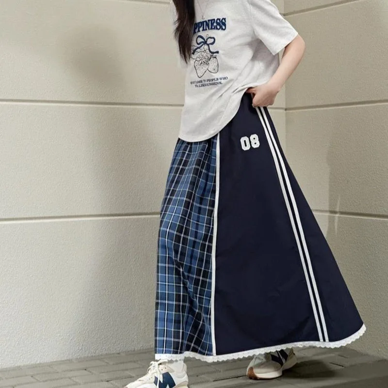 

Женские плиссированные юбки: модные синие юбки в клетку с высокой талией, длинные шикарные юбки для весны и лета, повседневные женские юбки с кружевными вставками и полосками