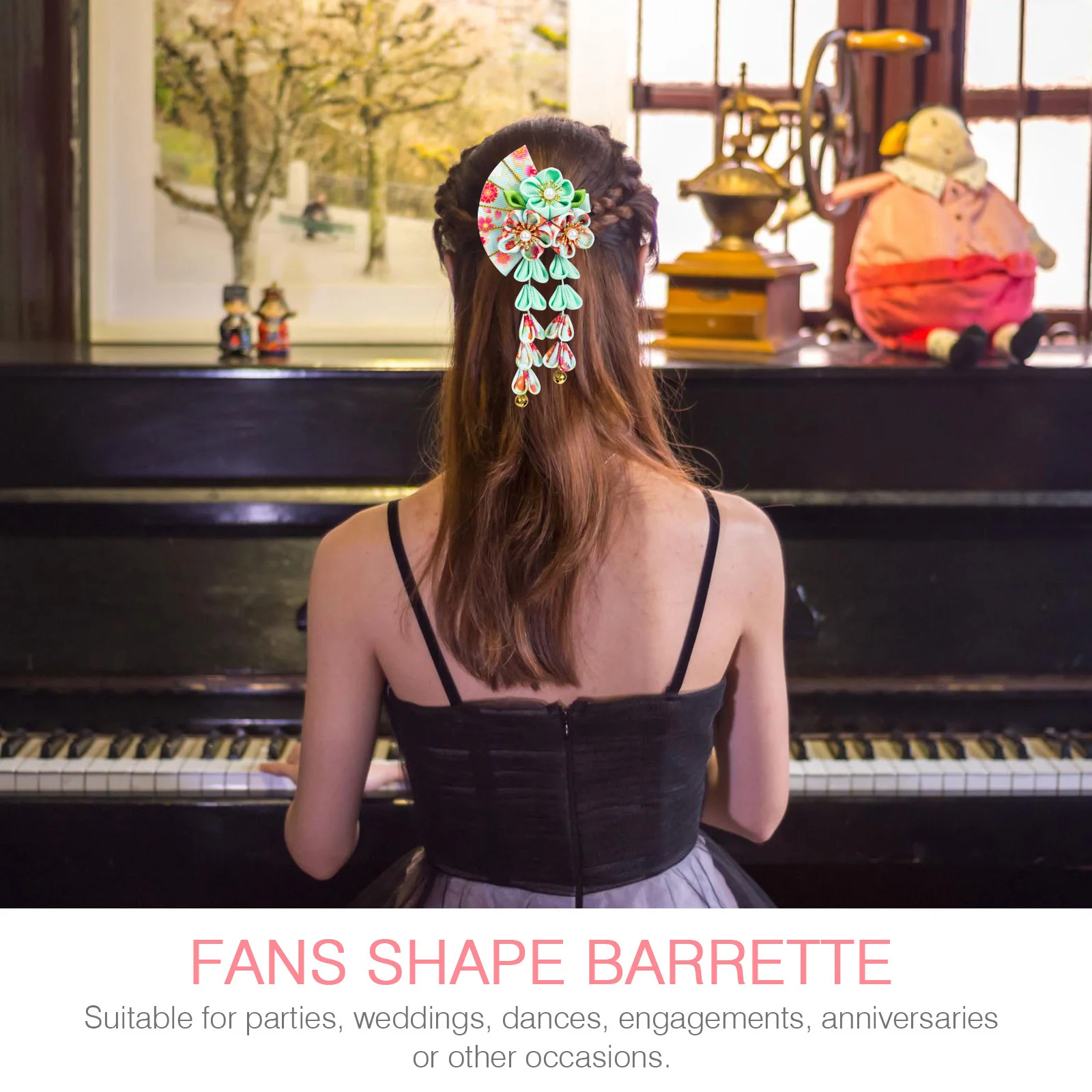 

Fans Shape Hairpin with Long Tassel Japanese Style Cloth Alloy Lightweight Barrette for Women Girls Wedding Party Festival Wear