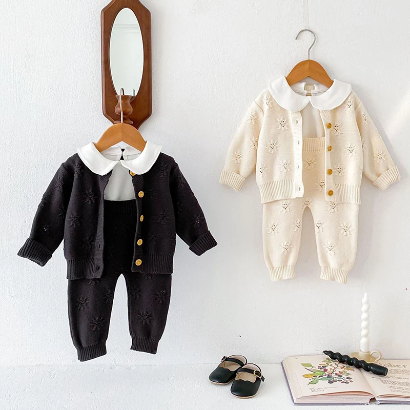 2024 New Autumn Toddler Baby Girl Boys Knitted Clothes Suit Long Sleeved Knitted Cardigan Coat+Jumpsuit Children Clothes Set