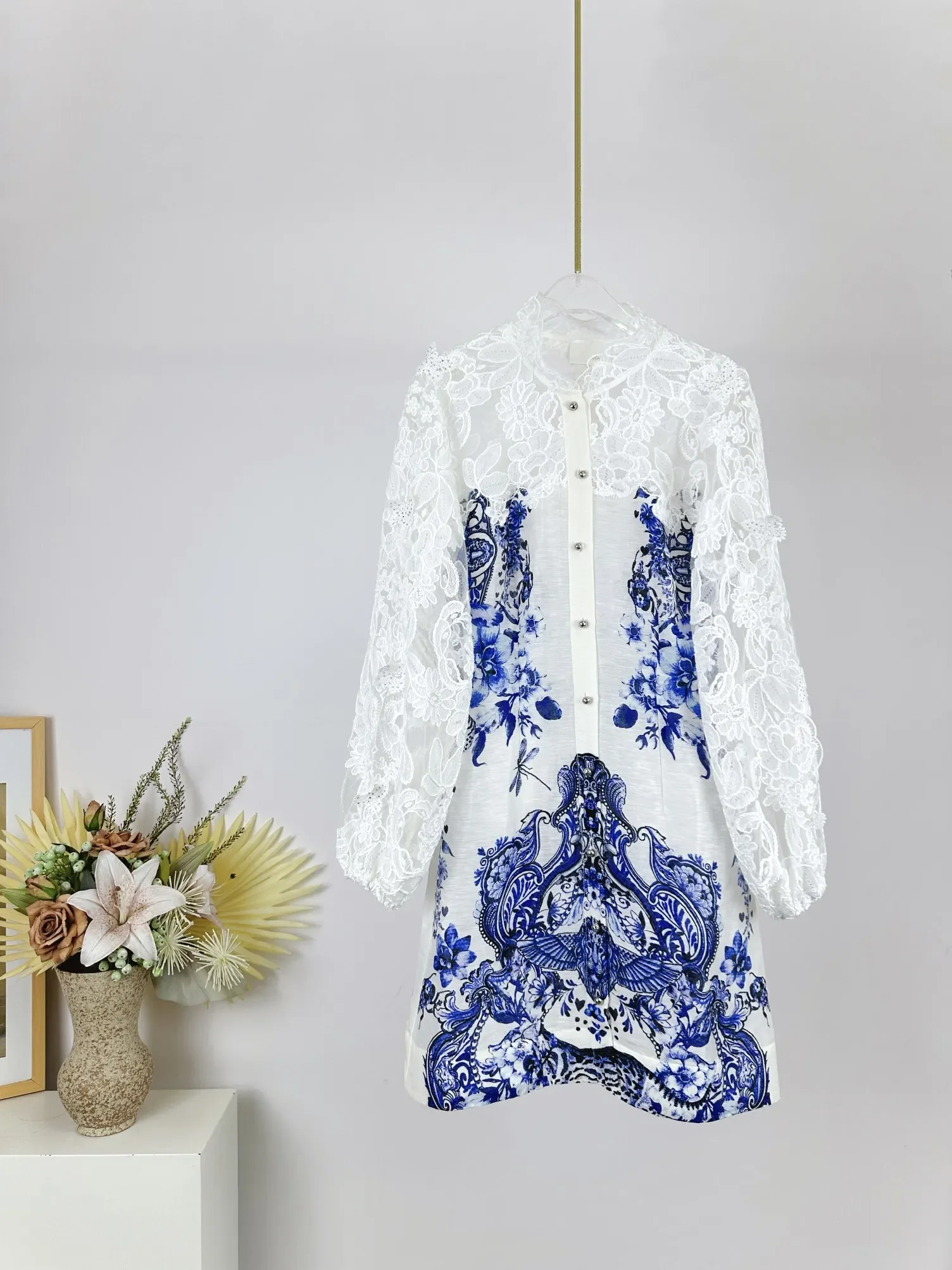 

Women Lace Spliced Dress Linen Silk Flower Printed Stand Collar Single Breasted Long Sleeve Elegant Mini Robe