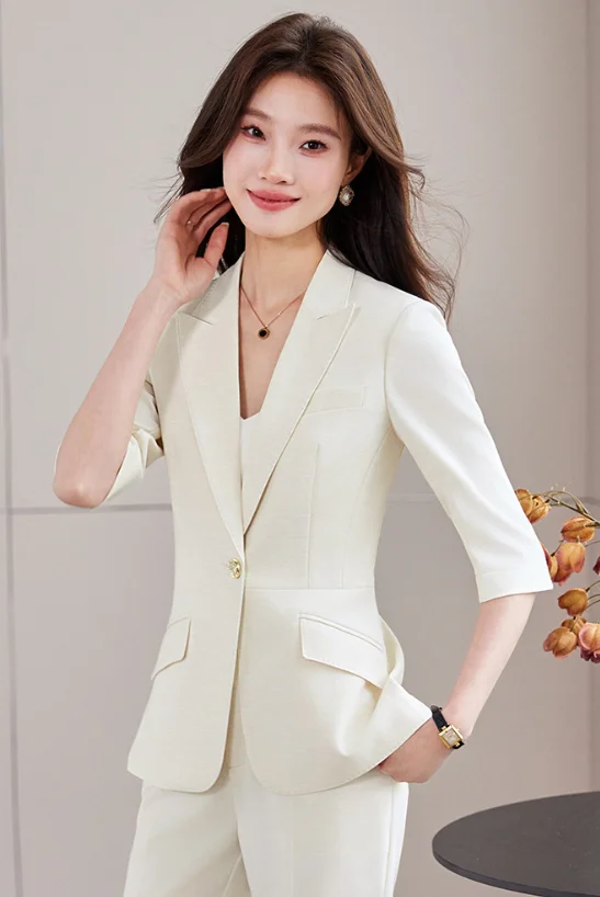 Light blue seven-eighth sleeve mid-sleeve small suit jacket women's pants two-piece set cross-border foreign trade professional