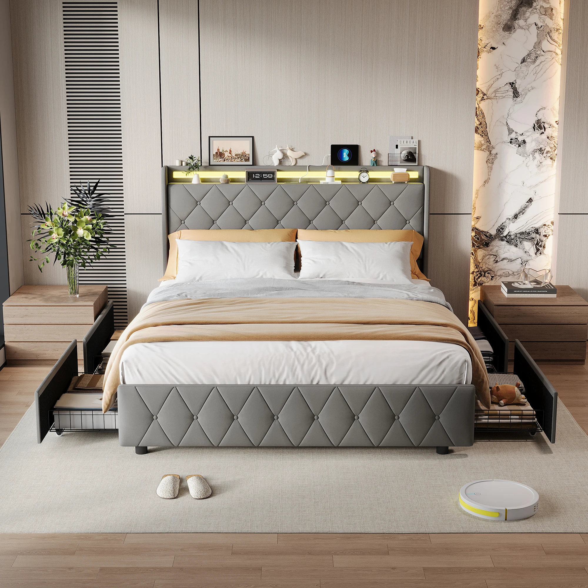 Comanlai gestoffeerd bed met LED-verlichting & 4 laden 140x200cm/160x200cm tweepersoonsbed met USB-oplaadpoort, flanellen stof