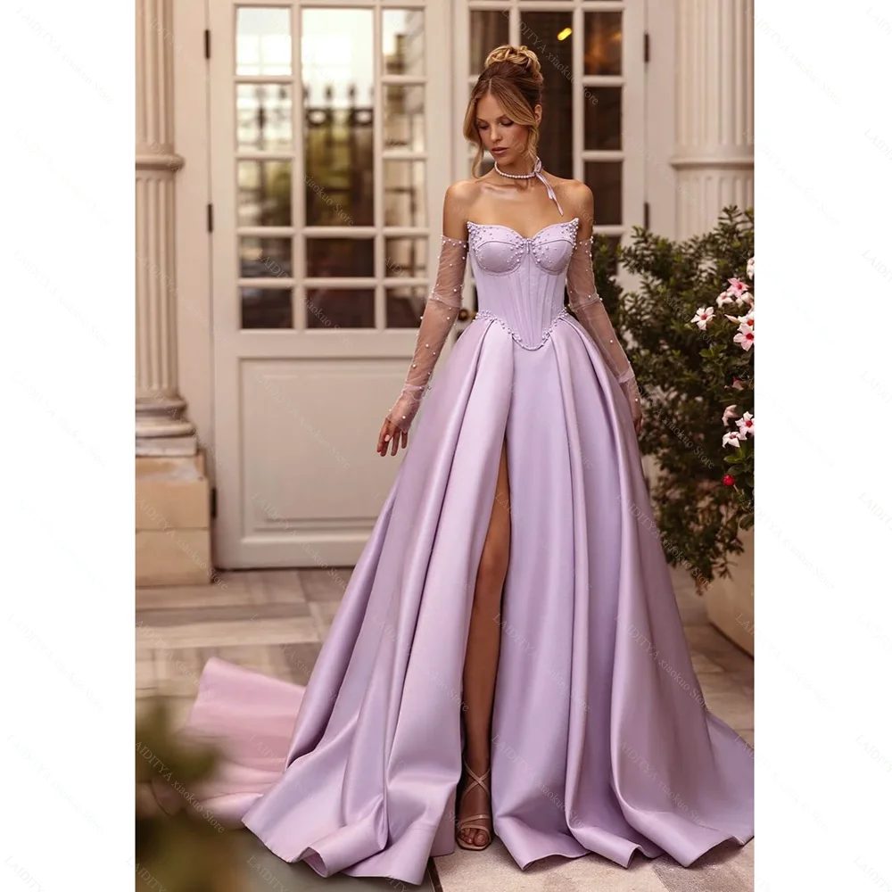 

Exquisite Pearls Evening Dresses Chic Strapless A-Line Women Prom Gowns Elegant Draped Side Slit Sweep Train Party Dresses