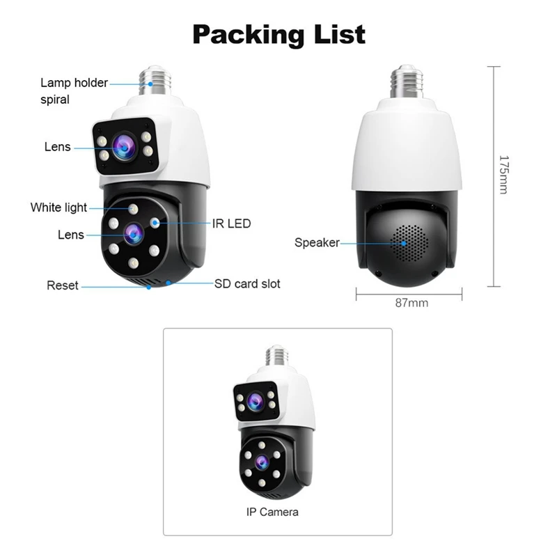 4MP Bulb Wifi PTZ Surveillance Camera Wireless 2MP Dual Lens, Night Vision Human Tracking, Security Baby Monitor