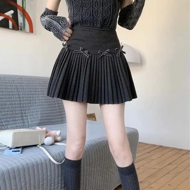 Sweet Bow A-Line Pleated Skirts Korean Female Clothing High Waist Zipper Spring Autumn Winter Hotsweet Solid Color Mini Skirts