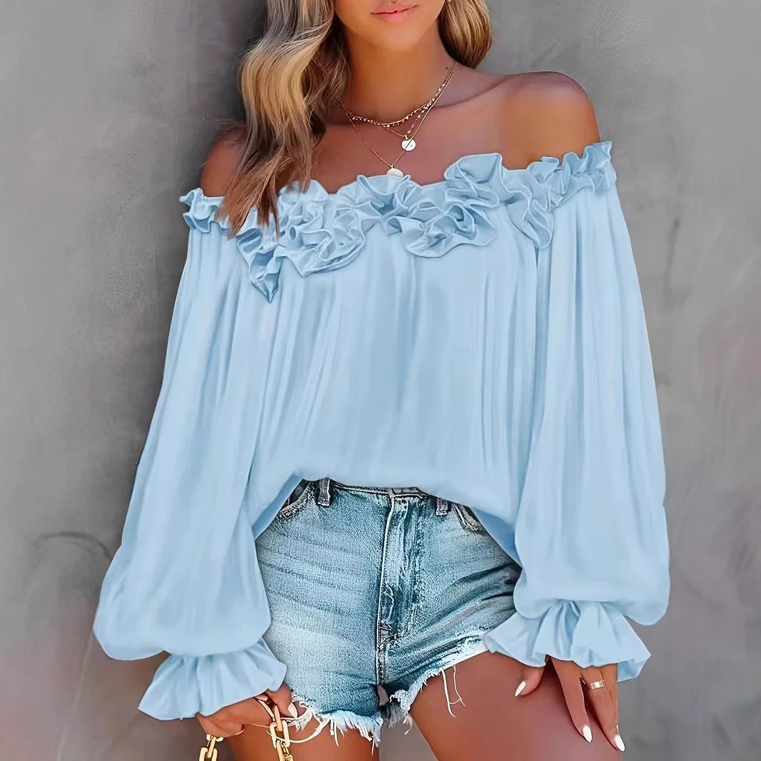 Women's Blouse Elegant Ruffle One Shoulder Off Solid Color Pleated Loose Hem Lantern Long Sleeve Shirts Solid Color Female Tops
