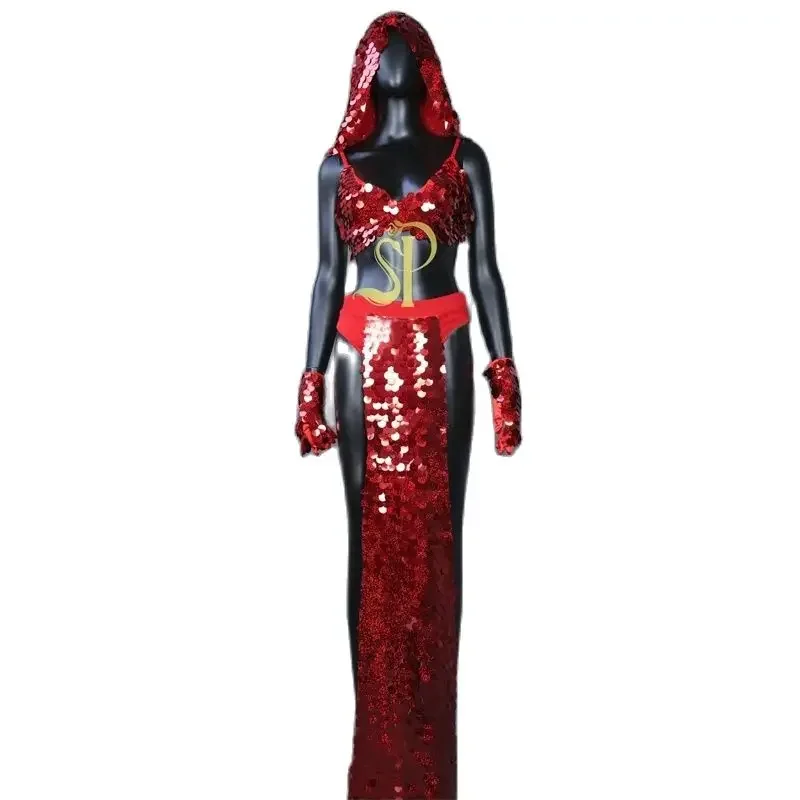 Nieuwe sexy gogo danseres kostuum rode pailletten omzoomd set paaldans kleding vrouwelijke nachtclub dj ds podium rave outfits podiumkleding