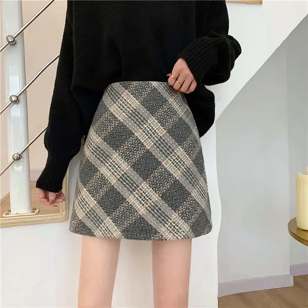 

2023 Women Autumn Winter New Fashion High Waist Mini Skirts Female Streetwear A-line Skirts Ladies Woolen Plaid Skirts A457