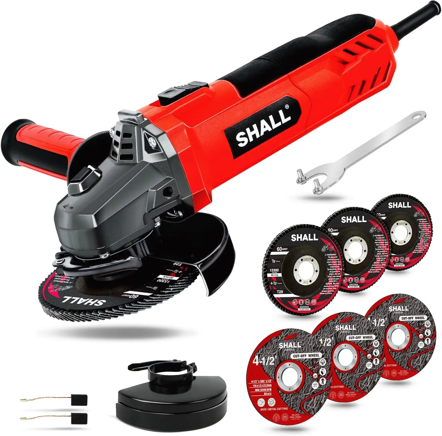 4-1/2 Inch 7.5 Amp Angle Grinder 12000 RPM with 2 Guards, 3 Cutting Wheels, 3 Discs, Non-Slip Handle for Metal and Wood
