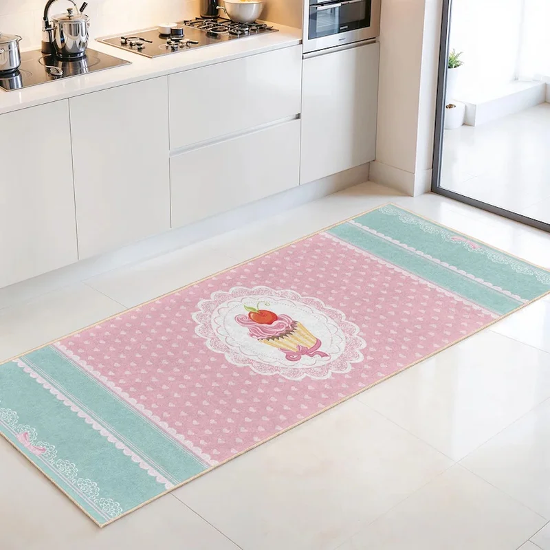 VIKAMA Sweet Pink Heart Cupcake Pattern Kitchen Floor Mat Non-Slip Washable Runner Rug for Kitchen Decor