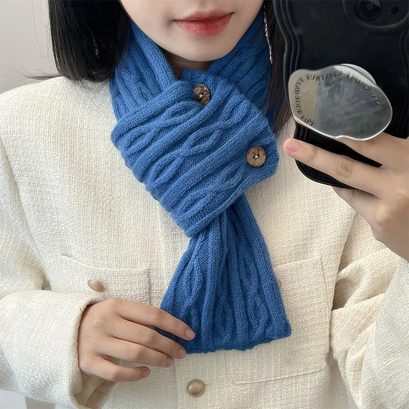 Korean Buttons Knitted Wool Scarf For Women Girl Solid Color Cross Neck Warmer Scarves Outdoor Windproof Short Snood Neckerchief