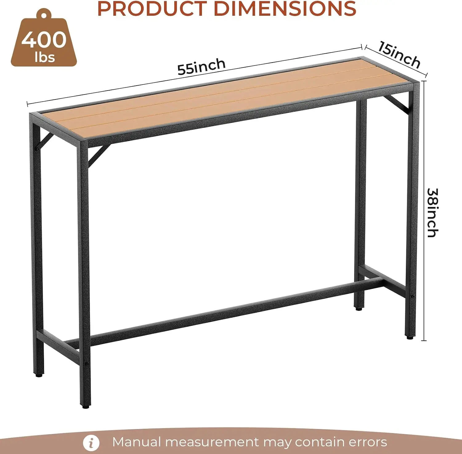 55 Inch Patio Bar Table Sturdy Outdoor Counter Height Furniture Teak High Top E Coating Heavy Duty Frame Hdpe Top Adjustable Foo