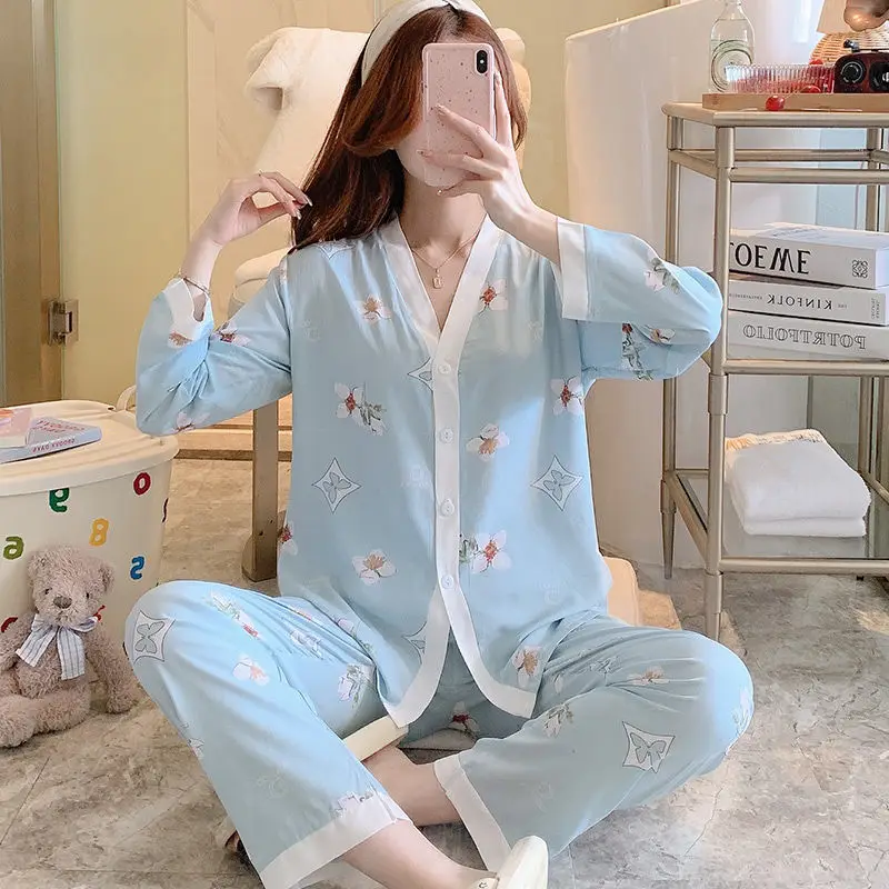 Poplin Sleepwear 2024 Spring Autumn Women Thin Large Size Sweet Homewear Suit Floral Cardigan Girlish Style V-neck Pajamas Set