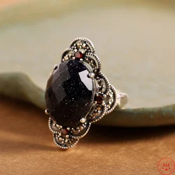 Genuine S925 Sterling Silver Charms Rings for Women New Fashion Hollow Flowers Inlaid Sandstone Marcasite Jewelry Wholesale