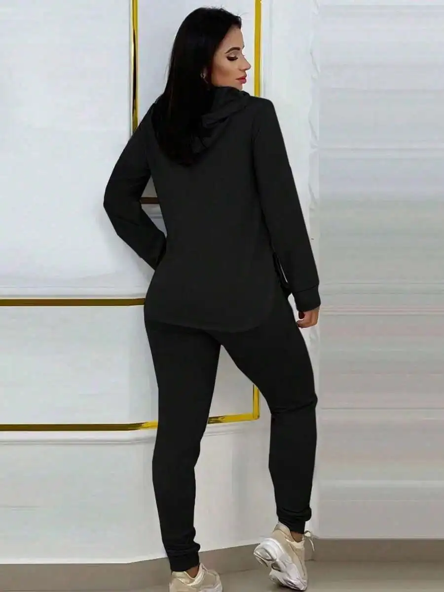 طقم سويت شيرت وسروال كاجوال بأكمام طويلة برباط بلون سادة للنساء مكون من قطعتين، خريفي #5
