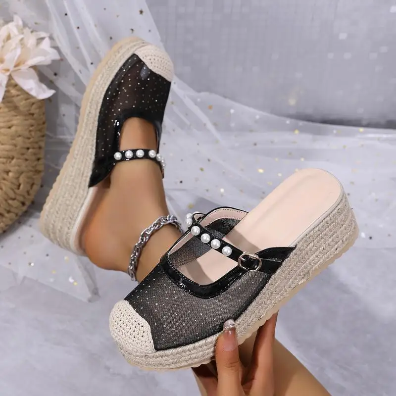 Summer Women Baotou Half Slippers New Breathable Casual Slipper Bohemia Style Women Platform Sandals Pearl Chain Designer Slides