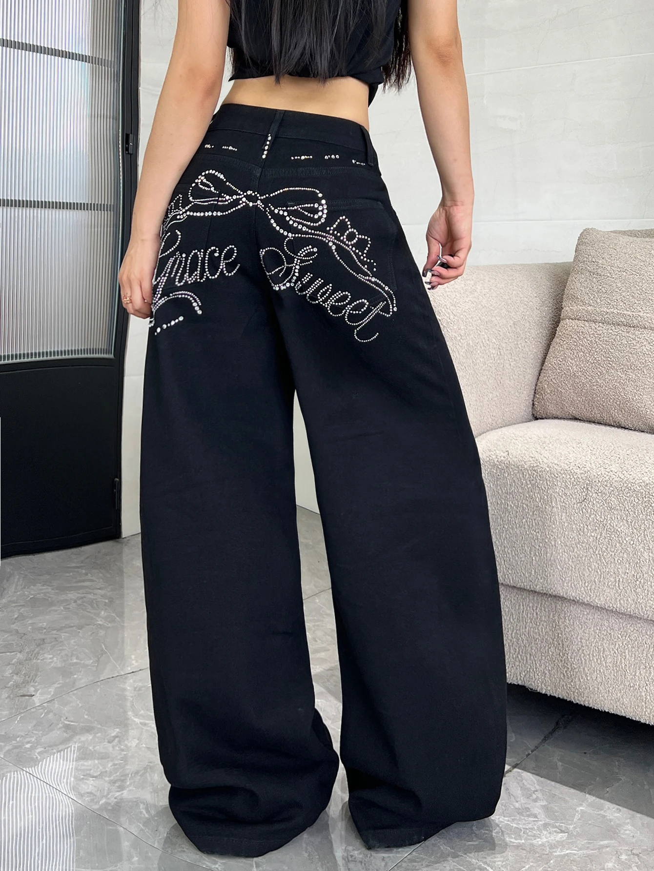 Women Wide Leg Jeans Street Trip Bow Letter Rhinestone Print Y2K Girly High Waist Floor Length Black Washed Denim Pants