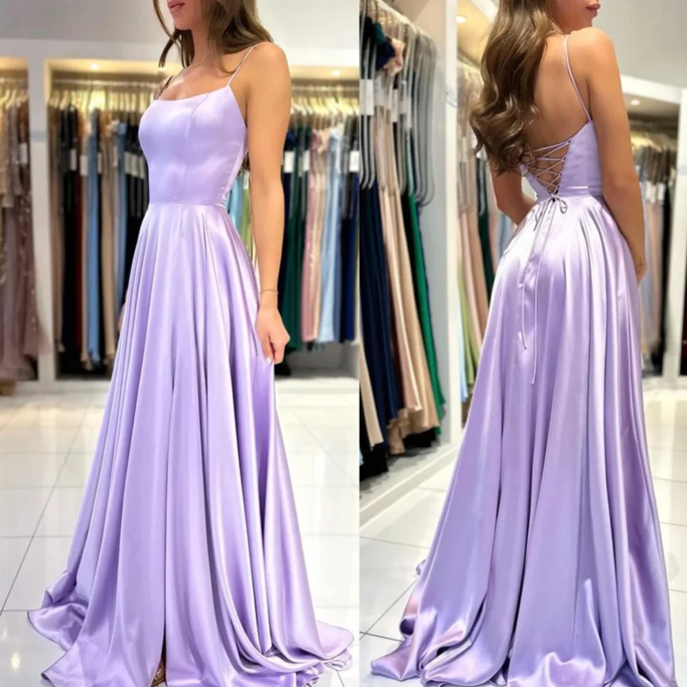 

Simple Long Purple Spaghetti Straps Satin Evening Dresses Sleeveless A Line Sweep Train Robes De Soirée for Women