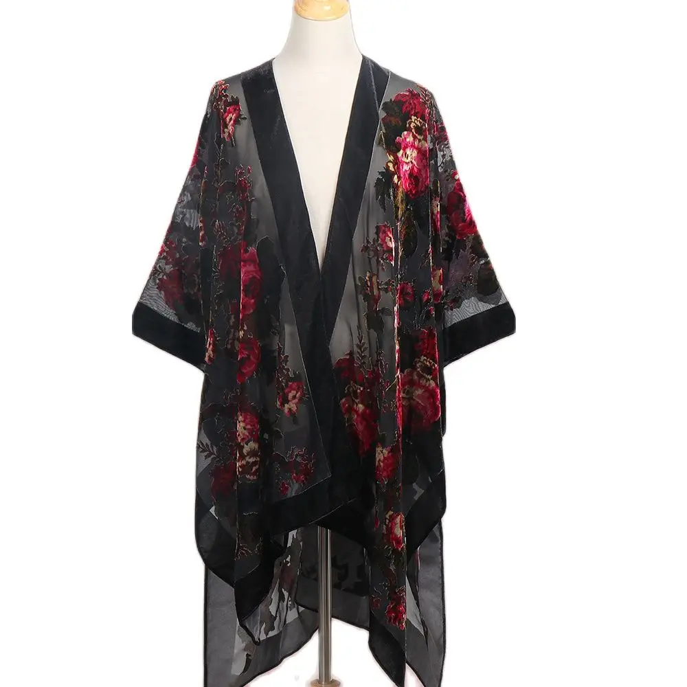 WeHello Bohemian Women\'s Burnout Velvet Kimono Long Cardigan With Beach Coverup Luxury Holiday Cardigan Shawl Tassel Chiffon