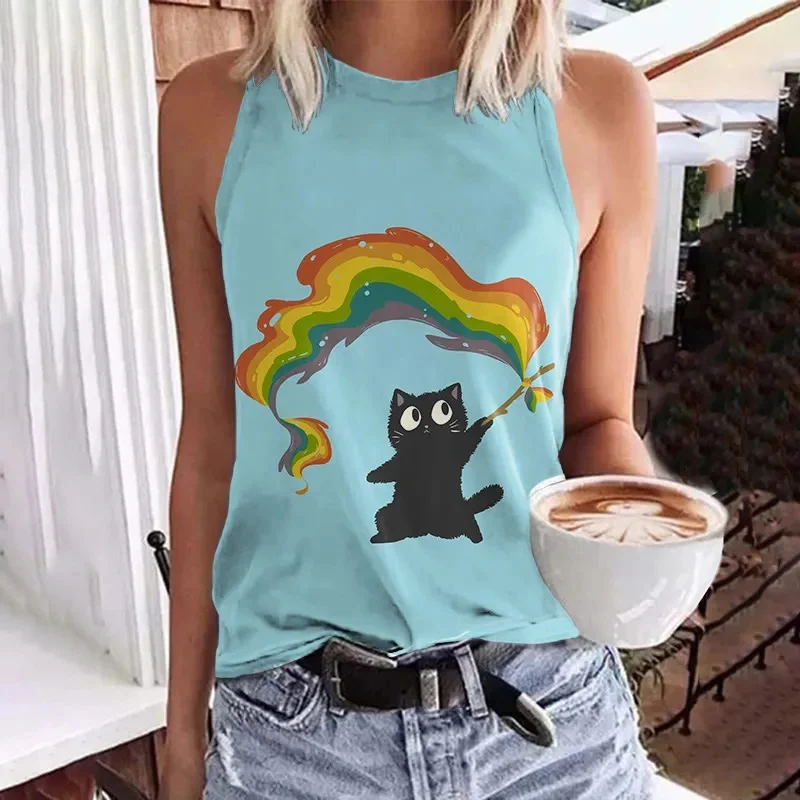 Lovely Black Cat Holding Rainbow Flag Print Crew Neck Tank Top Summer Women's Casual Vest