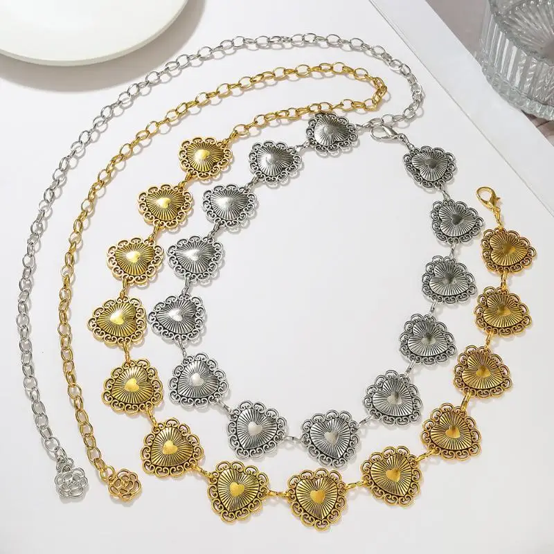 Retro Ethnischer Stil Damen Metall-Taillenkette Accessoires Böhmischer Dekorativer Kreis Herz-Gravur Kettengürtel – Detail 5