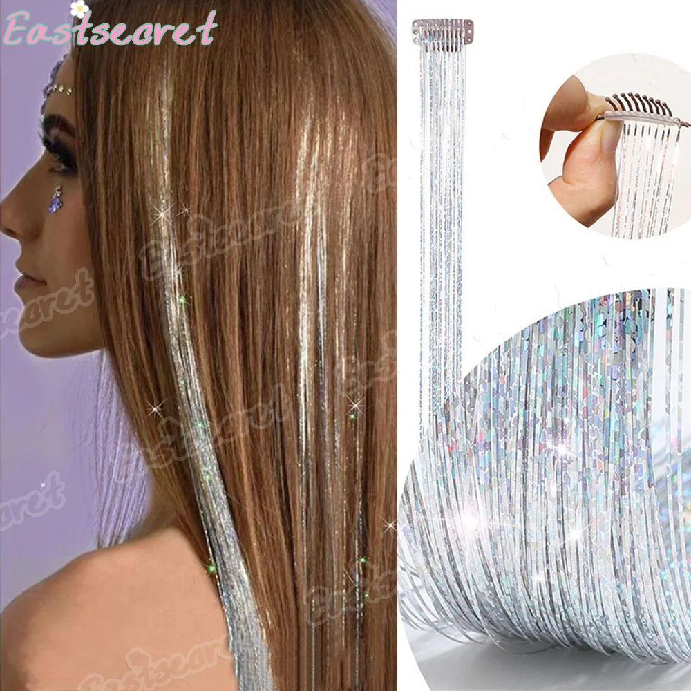 12Pcs Hair Tinsel Clip in 20Inch Glitter Tinsel Hair Extensions Clip in Hair Tinsel Kit Heat Resistant Shiny Sparkle Fairy Hai